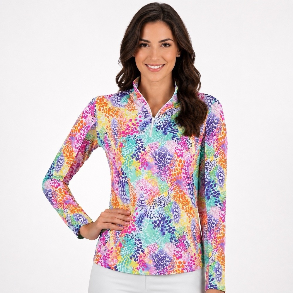 IBKUL Lessie White Multi IceFil UPF 50+ Zip Mock Golf Top XS NWT